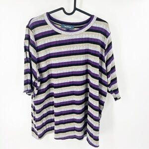✅ ModCloth‎ 2X Purple Metallic Gold Striped Ribbed Knit Effective Edit CREW NECK